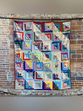 Vintage Log Cabin Tie Quilt 66” x 78” Feed Sack
